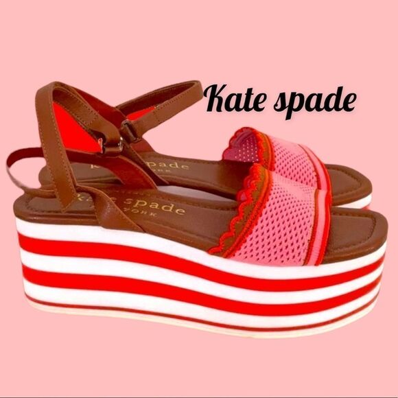KATE SPADE NIB KNITTED RUNWAY EVA HIGH RISE SPADE STRIPED PLATFORM WEDGE 8M - Picture 1 of 9